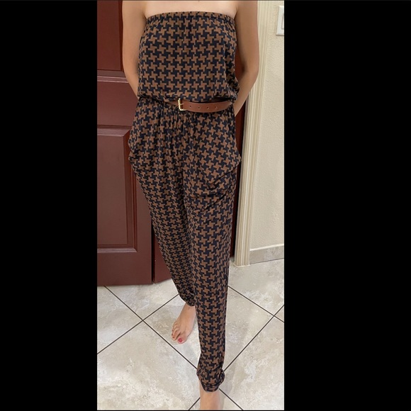 Michael Kors Belted Jumpsuit Houndstooth brown navy skinny leg - Picture 1 of 13